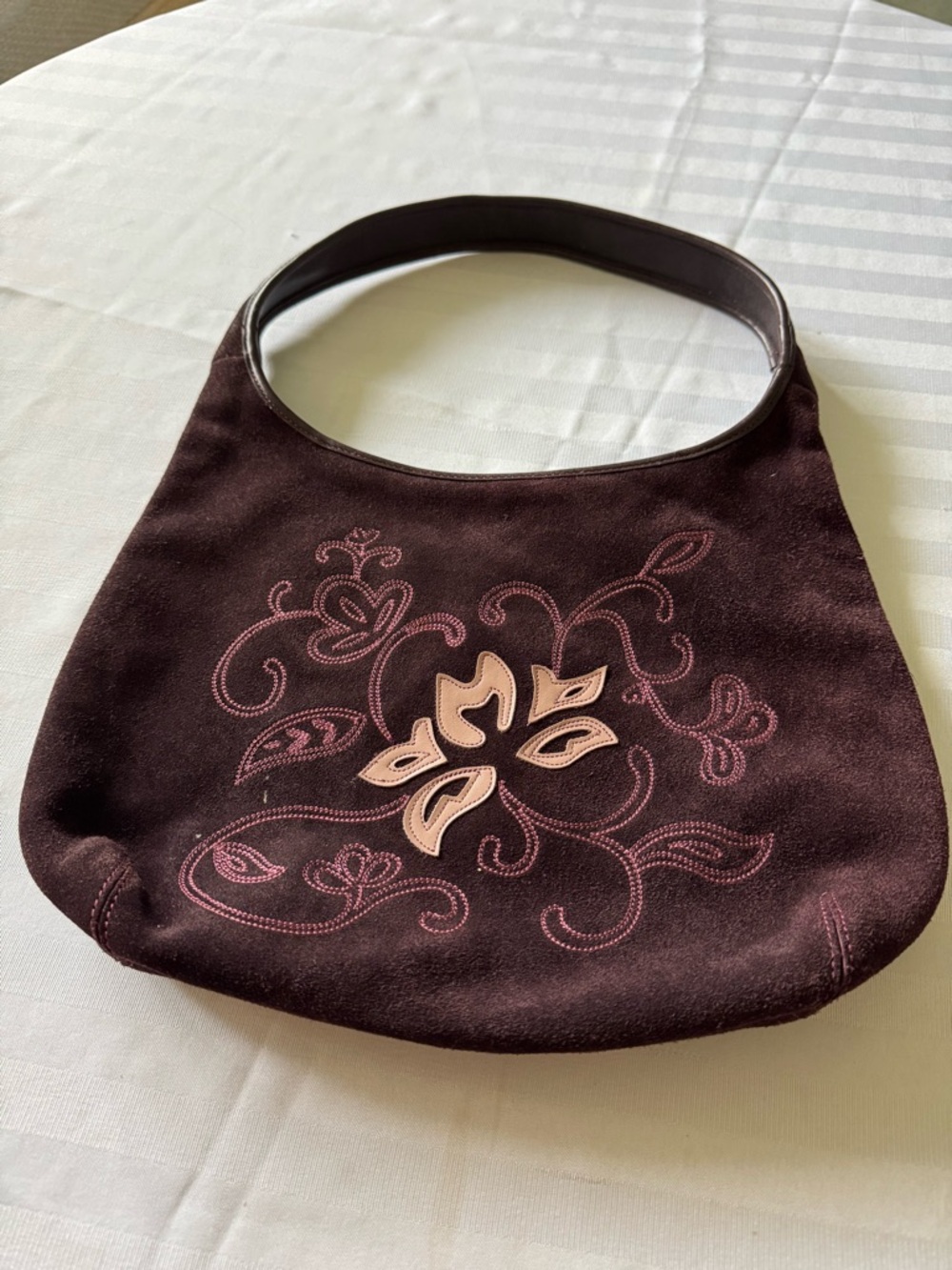 Liz Claiborne Plum Purple Suede Shoulder Bag with Pink Embroidered Flower